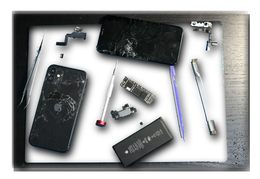 Phone battery and small replacement parts arranged with repair tools